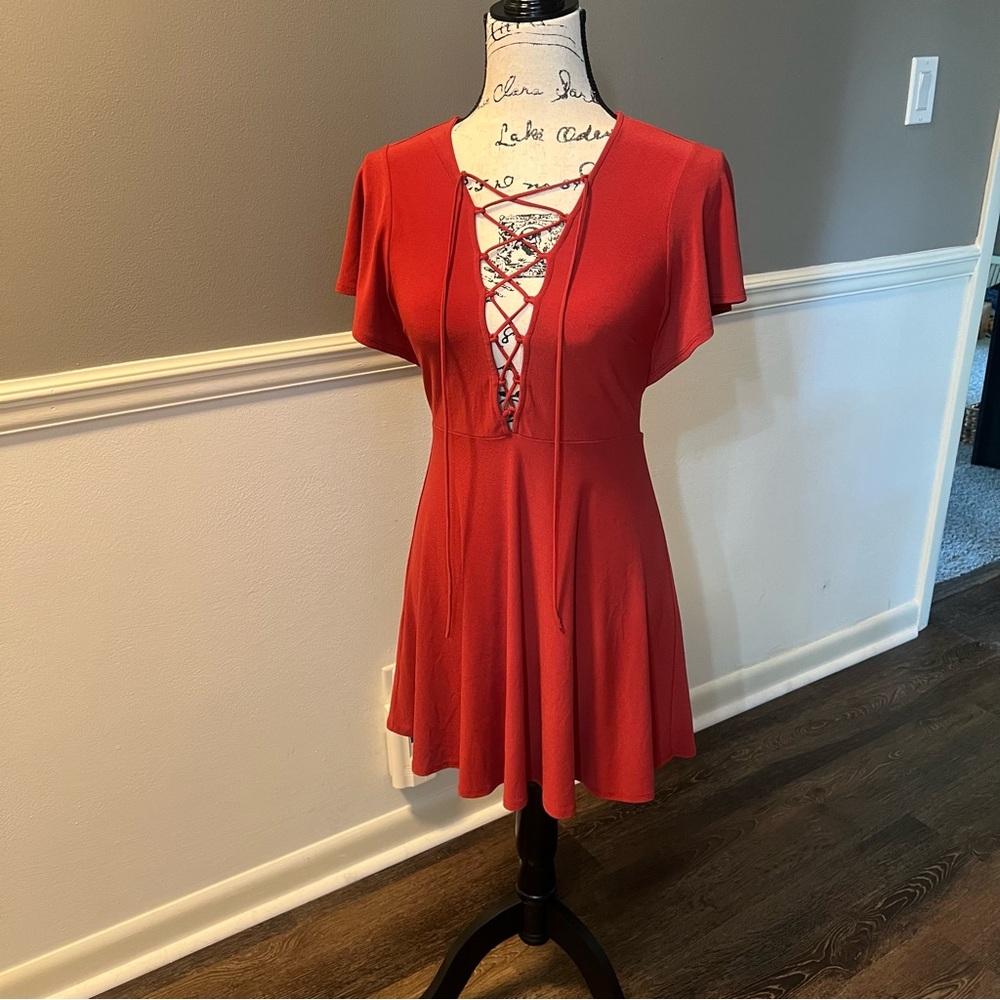 forever 21 butterfly sleeve lace up front burnt orange dress